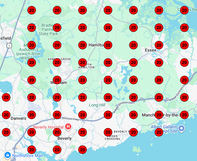 Google Maps rank heatmap before Aurelo SEO: nearly every grid square shows rank 20+